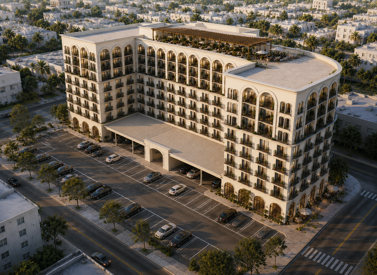 Mirador Manor — rear aerial render showing the parking court and arched podium