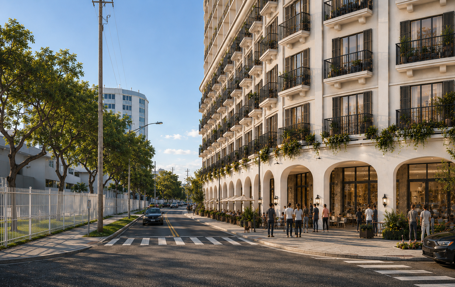 Mirador Manor — street-level render of the arched colonnade and sidewalk cafe