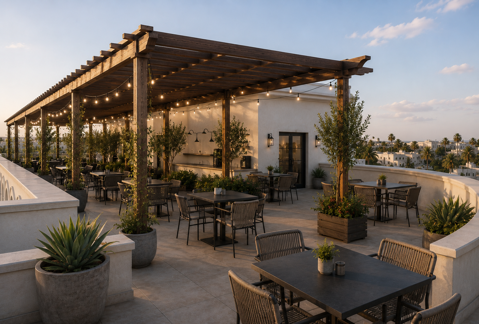 Community rooftop amenity with pergola and long views