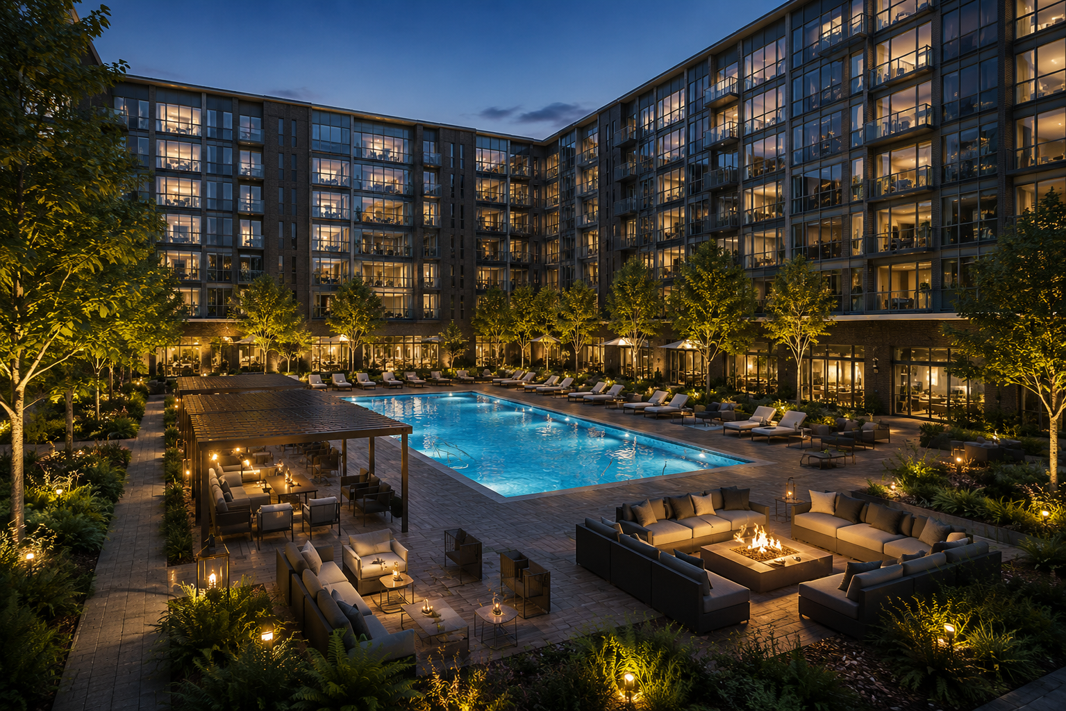 Sunnyvale Mixed-Use — courtyard pool deck at night