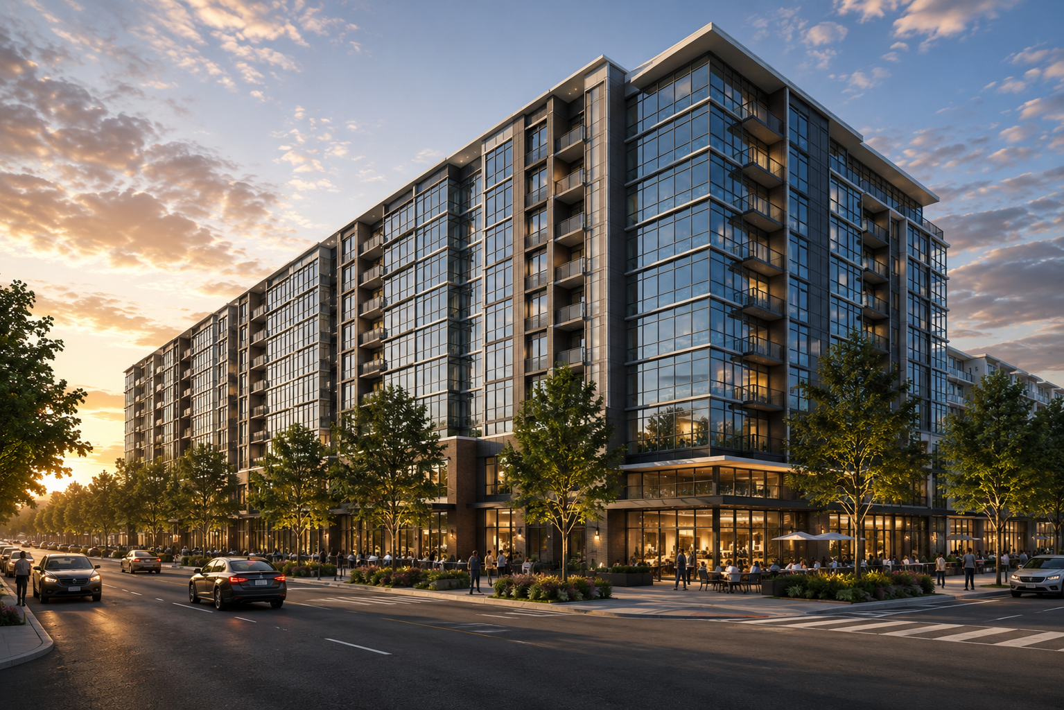 Sunnyvale Mixed-Use — street frontage at sunset
